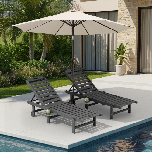 Outdoor Chaise Lounge Set of 2 with 9FT Patio Umbrella, HDPE Pool Lounge Chair with 5-Position Adjustable Backrest, Patio Lounger with Rolling Wheels & Cup Holder for Pool, Grey