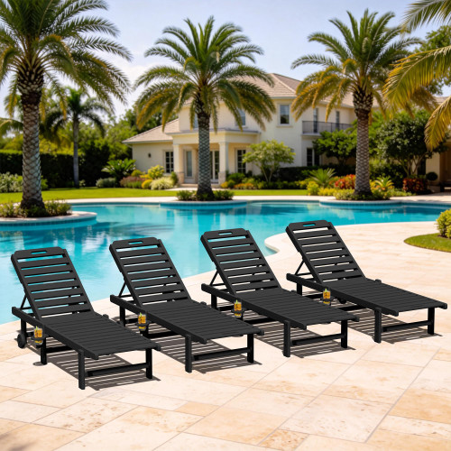 Patio Chaise Lounge Chair Set of 4, HDPE Outdoor Lounge Chair with Cup Holder, 5 Positions Adjustable Poly Lounger with Rolling Wheels for Poolside, Deck, Sunbathing, Black
