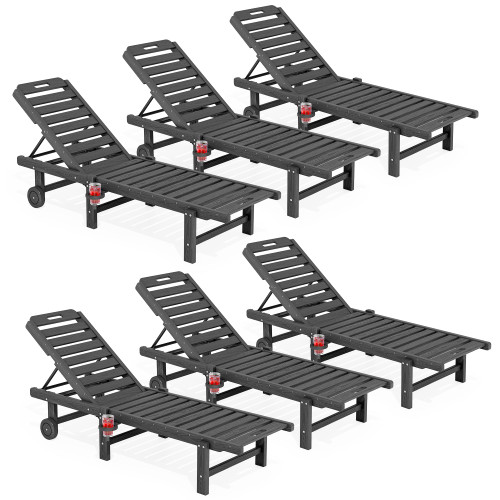 Outdoor Chaise Lounge Set of 6, HDPE Pool Lounge Chair with 5-Position Adjustable Backrest, Patio Lounger with Rolling Wheels & Cup Holder for Pool, Grey