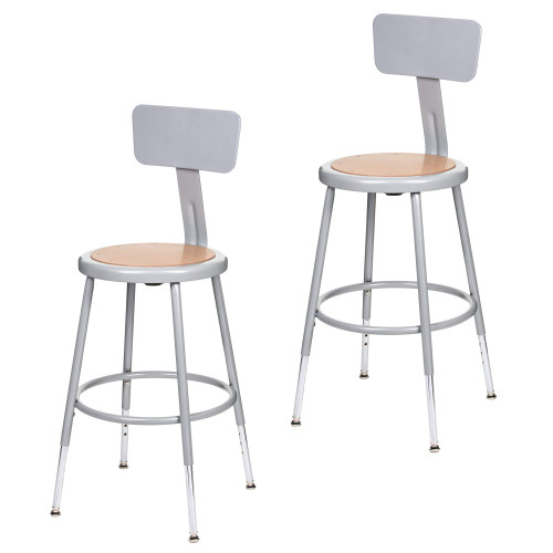 Premium Commercial-Grade All-Purpose Round Stool with Backrest (Height-Adjustable, 18–27 inch Range, Gray Frame, Masonite Wood Seat, 2-Pack)