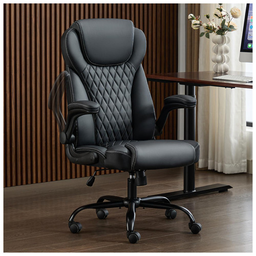 Office Chair, Executive PU Leather Chair Home Office Desk Chairs, Ergonomic Computer Desk Chair with Adjustable Flip-Up Arms, Lumbar Support Swivel Task Chair with Rocking Function (Black)
