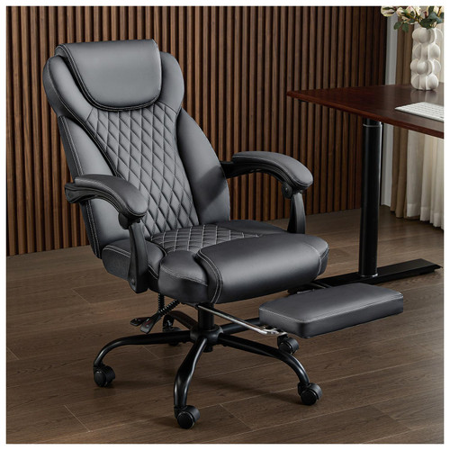 Big and Tall Office Chair with Foot Rest Ergonomic Chair Home Office Desk Chairs Reclining High Back Leather Chair with Lumbar Support(Gray)