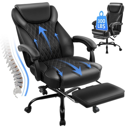 Big and Tall Office Chair with Foot Rest Ergonomic Chair for Home Desk, Reclining High Back Leather Chairs with Lumbar Support(Black)