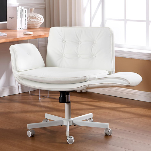Criss Cross Chair with Armrests & Wheels, PU Leather Vanity Chair, Comfortable Adjustable Swivel Computer Office Desk Chairs for Home, Make Up, Bed Room (White)