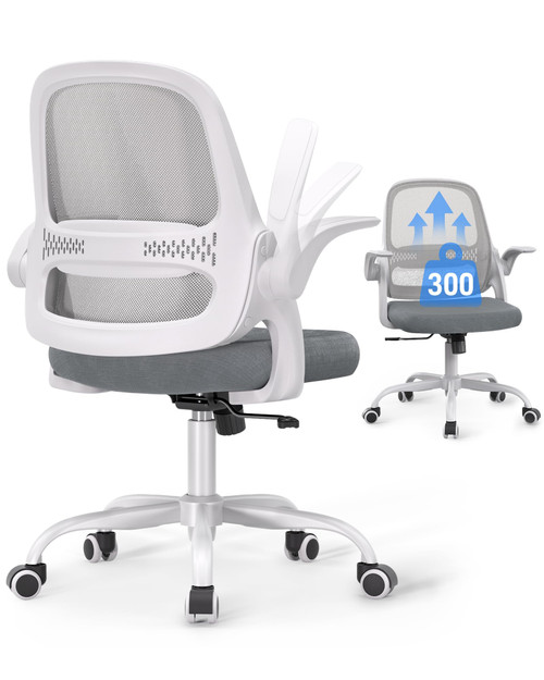 Office Chair for Home Office, Flip-Up Arms, Breathable Mesh Back & Thick Seat Cushion, Swivel Rolling Computer Desk Chair – BIFMA Certified, Supports 300 lbs (White Frame/Gray Seat)