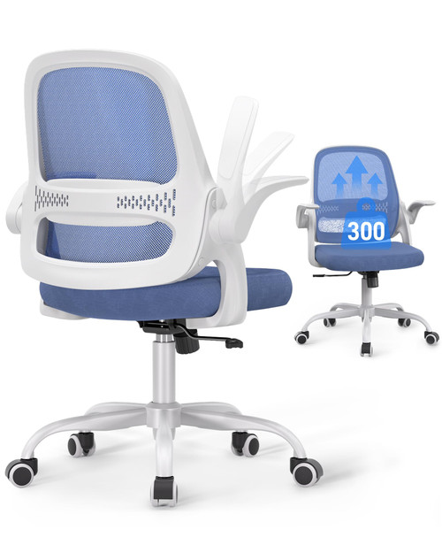 Office Chair for Home Office, Flip-Up Arms, Breathable Mesh Back & Thick Seat Cushion, Swivel Rolling Computer Desk Chair – BIFMA Certified, Supports 300 lbs (White Frame/Blue Seat)