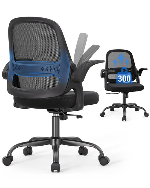 Office Chair for Home Office, Flip-Up Arms, Breathable Mesh Back & Thick Seat Cushion, Swivel Rolling Computer Desk Chair, BIFMA Certified, Supports 300 lbs (Black Frame/Black Seat)