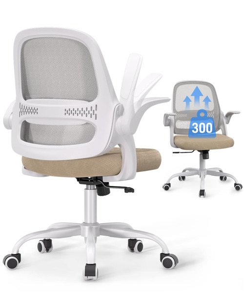 Office Chair for Home Office, Flip-Up Arms, Breathable Mesh Back & Thick Seat Cushion, Swivel Rolling Computer Desk Chair – BIFMA Certified, Supports 300 lbs (White Frame/Beige Seat)