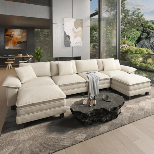 158" Modular Sectional Sofa, Oversized U Shaped Couches for Living Room, Comfy Cloud Couch with Ottoman, 6-Seater Deep Seat Sofa with Throw Pillow, Chenille Beige