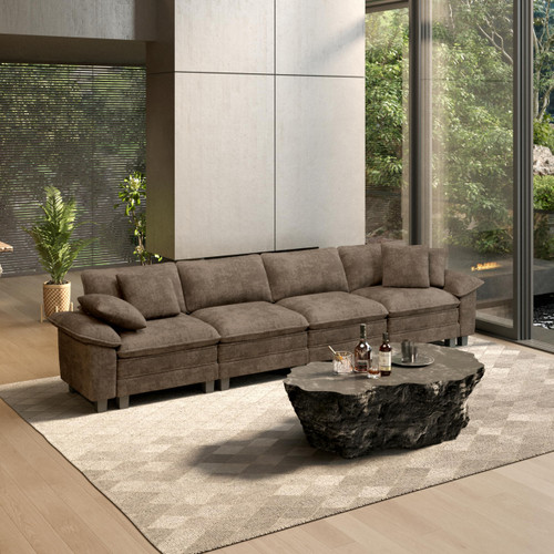 158" Modular Sectional Sofa, Oversized Couches for Living Room, Comfy Cloud Couch 4-Seater Deep Seat Sofa with Throw Pillow, Chenille Taupe