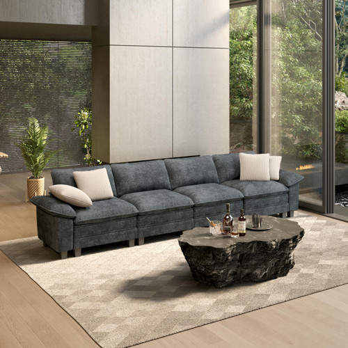 158" Modular Sectional Sofa, Oversized Couches for Living Room, Comfy Cloud Couch 4-Seater Deep Seat Sofa with Throw Pillow, Chenille Blue