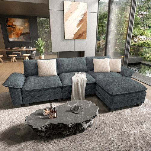 124" Modular Sectional Sofa, Oversized L Shaped Couches for Living Room, Comfy Cloud Couch with Ottoman, 4-Seater Deep Seat Sofa with Throw Pillow, Chenille Blue