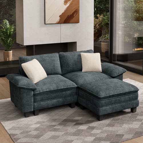 88" Modular Sectional Sofa, L Shaped Couches for Living Room, Comfy Cloud Couch with Ottoman, 3-Seater Deep Seat Sofa with Throw Pillow, Chenille Blue