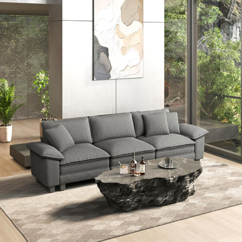 124" Modular Sectional Sofa, Oversized Couches for Living Room, Comfy Cloud Couch 3-Seater Deep Seat Sofa with Throw Pillow, Corduroy Grey