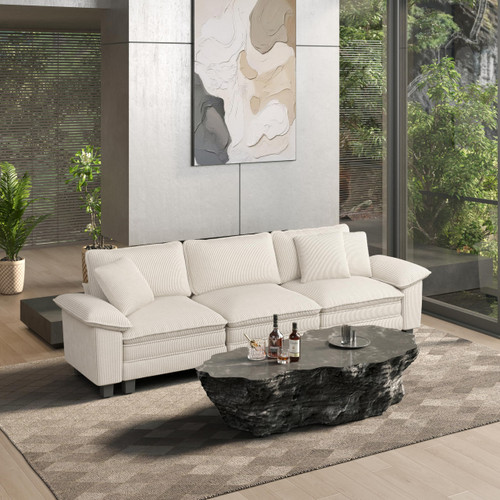 124" Modular Sectional Sofa, Oversized Couches for Living Room, Comfy Cloud Couch 3-Seater Deep Seat Sofa with Throw Pillow, Corduroy Beige