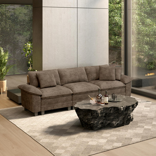 124" Modular Sectional Sofa, Oversized Couches for Living Room, Comfy Cloud Couch 3-Seater Deep Seat Sofa with Throw Pillow, Chenille Taupe