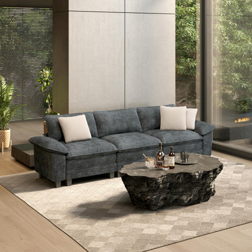 124" Modular Sectional Sofa, Oversized Couches for Living Room, Comfy Cloud Couch 3-Seater Deep Seat Sofa with Throw Pillow, Chenille Blue