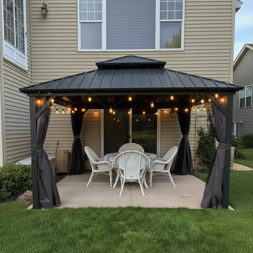 12'x12' Hardtop Gazebo with Lights Heavy-Duty Galvanized Steel Double Roof Outdoor Patio Gazebo Including Netting and Curtains for Garden Lawn Backyard Grey