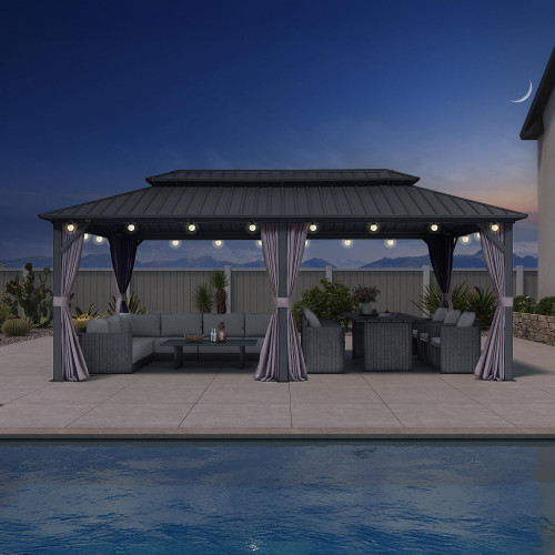 10'x20' Hardtop Gazebo with Lights Outdoor Pavilion Waterproof Double Roof Galvanized Steel for Patio and Garden Includes Netting and Curtains Grey