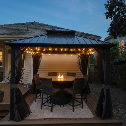 10'x10' Hardtop Gazebo with Lights Aluminum Double Roof Galvanized Steel Outdoor Patio Gazebo with Included Netting and Curtains for Backyard Garden Grey