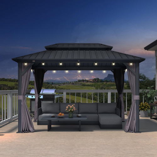 08'x12' Hardtop Outdoor Patio Gazebo with Lights UV Protected Aluminum Double Roof Galvanized Steel Frame Includes Netting and Curtains for Deck Garden Backyard Grey