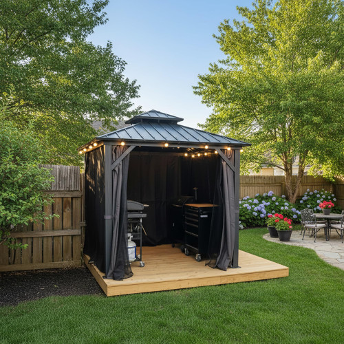 8'x8' Hardtop Gazebo with Lights All-Weather Galvanized Steel Double Roof Outdoor Patio Garden Gazebo Including Netting and Curtains Grey