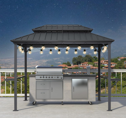 6.5' X 10' Hardtop Grill Gazebo for Patio Aluminum Barbeque Canopy with 24 Clear Light Bulbs and Shelves Double Tiered Grey Outdoor BBQ Gazebo