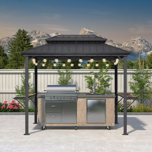 6' X 9' Hardtop Grill Gazebo for Patio Aluminum Barbeque Canopy with 24 Clear Light Bulbs and Shelves Double Tiered Grey Outdoor BBQ Gazebo