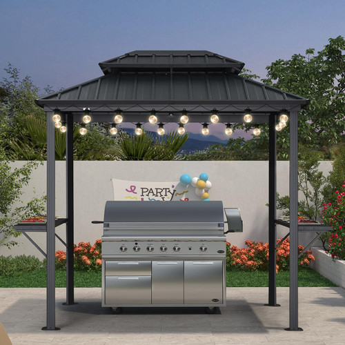 6' X 8' Hardtop Grill Gazebo for Patio Aluminum Barbeque Gazebo Canopy with 24 Clear Light Bulbs and Shelves Double Tiered Grey Outdoor BBQ