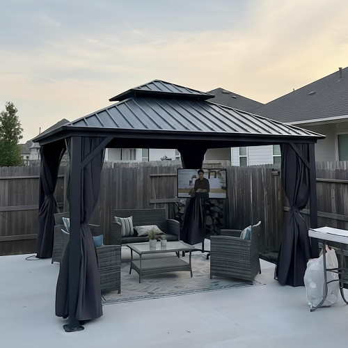 12' X 12' Permanent Hardtop Gazebo Outdoor Aluminum Gazebo with Galvanized Steel Double Roof for Patio Lawn Garden Aluminum with Netting and Curtains Grey