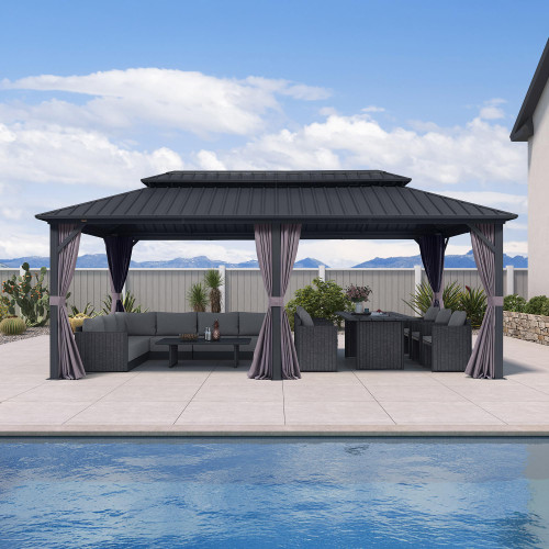 10' X 20' Permanent Hardtop Gazebo Aluminum Frame with Galvanized Steel Double Vented Roof Includes Removable Netting and Curtains with Hooks for Garden Patio Lawns Grey