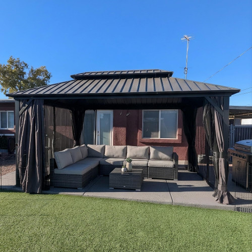 10' X 16' Permanent Hardtop Gazebo Aluminum Frame with Galvanized Steel Double Vented Roof Includes Removable Netting and Curtains with Hooks for Garden Patio Lawns Grey