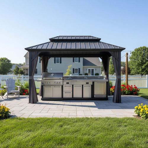 8' X 12' Permanent Hardtop Aluminum Gazebo with Double Galvanized Steel Roof Removable Netting Curtains and Ceiling Hooks for Patio Lawn Backyard Deck Garden Grey