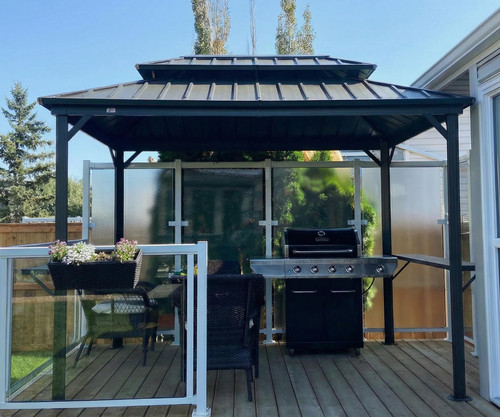 6.5' X 10' Hardtop Grill Gazebo for Patio Permanent Aluminum Barbeque Shelter Gazebo Canopy with Ceiling Hook and Shelves Double Tiered Grey Outdoor BBQ