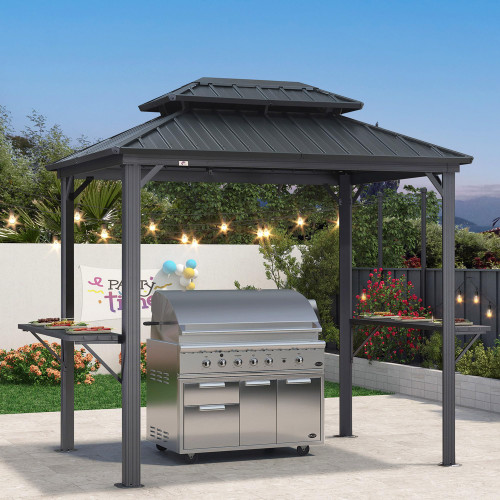 6' X 8' Hardtop Grill Gazebo for Patio Permanent Aluminum Barbeque Shelter Canopy with Ceiling Hook and Shelves Double Tiered Grey Outdoor BBQ Gazebo