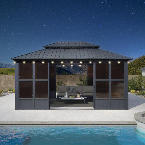 12' X 16' Solarium with Light Permanent Hardtop Gazebo Galvanized Steel Double Roof Aluminum Outdoor Screened Gazebo for Lawn Deck Backyard Grey