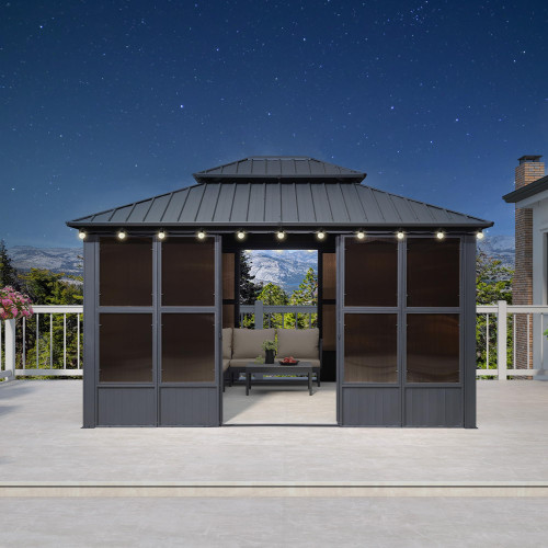 12' X 14' Hardtop Gazebo Solarium with Light Galvanized Steel Double Roof All-Weather Aluminum Outdoor Screened Gazebo for Patio Deck Backyard Grey