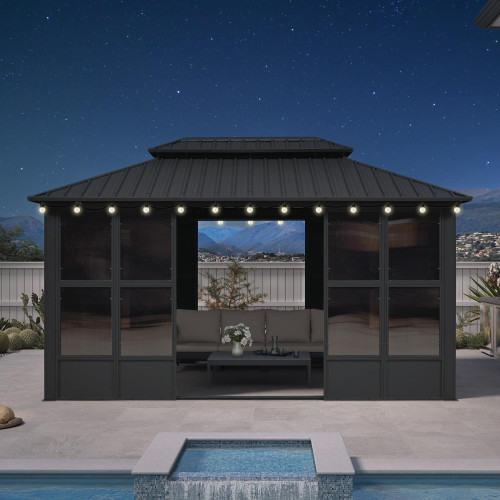 10' X 15' Enclosed Gazebo Outdoor Solarium with Light Permanent Hardtop Galvanized Steel Double Roof Aluminum Screened Gazebo for Lawn Deck Backyard Grey