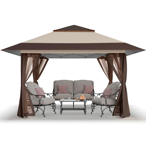 13x13 Pop Up Gazebo, Canopy Tent, Gazebos on Clearance - Outdoor Gazebo for Backyard & Patio Furniture - Carpa Pop Up Tent with Wheeled STO-N-Go Cover Bag (Beige & Coffee)