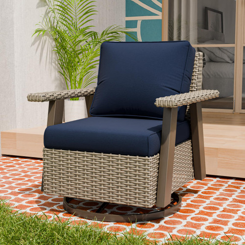 Rustic Hideaway Outdoor Swivel Rocker Patio Chair Set of 1, Wicker Swivel Rocking Chair for Patio, Outdoor Balcony Furniture with Wood Grain Finish, Beige/Dark Blue