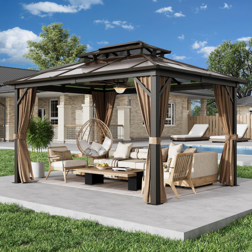 10' x 13' Gazebo Polycarbonate Double Roof Canopy Outdoor Aluminum Frame Pergola, Permanent Pavilion with Netting and Curtains for Garden Patio Lawns Parties