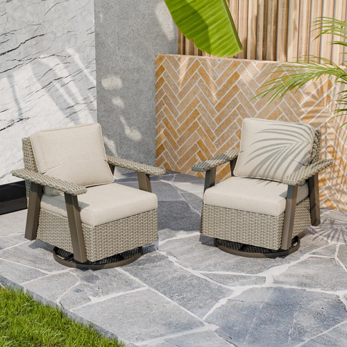 Rustic Hideaway Outdoor Swivel Rocker Patio Chairs Set of 2, Wicker Swivel Rocking Chairs for Patio, Outdoor Balcony Furniture with Wood Grain Finish, Beige/Beige
