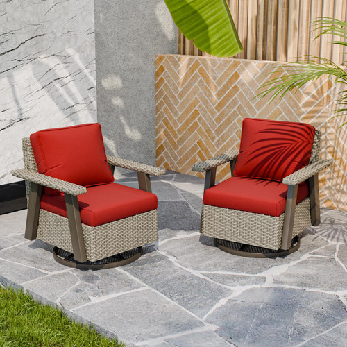 Rustic Hideaway Outdoor Swivel Rocker Patio Chairs Set of 2, Wicker Swivel Rocking Chairs for Patio, Outdoor Balcony Furniture with Wood Grain Finish, Beige/Red