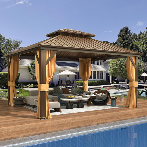 12' x 14' Hardtop Gazebo, Aluminum Frame Gazebos with Galvanized Steel Double Roof, Permanent Outdoor Metal Pavilion with Curtain and Netting for Patio, Lawn, Deck