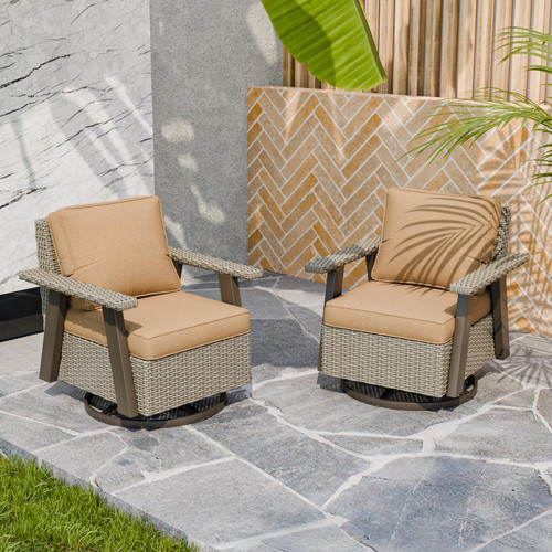 Rustic Hideaway Outdoor Swivel Rocker Patio Chairs Set of 2, Wicker Swivel Rocking Chairs for Patio, Outdoor Balcony Furniture with Wood Grain Finish, Beige/Tan