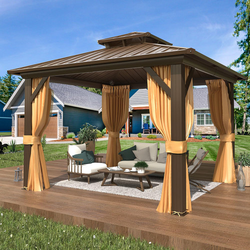 10' x 10' Hardtop Gazebo, Aluminum Frame Gazebos with Galvanized Steel Double Roof, Permanent Outdoor Metal Pavilion with Curtain and Netting for Patio, Lawn, Deck