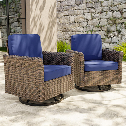 Harbor Retreat 2 Piece Outdoor Patio Swivel Rocker Set, 360° Swivel Rocking Glider Chairs, PE Wicker Furniture, Brown/Blue
