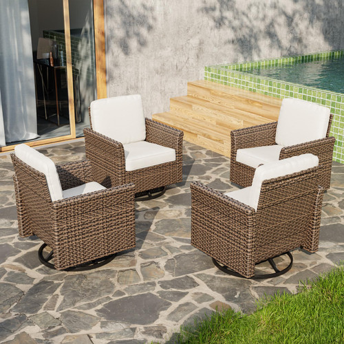 Harbor Retreat 4 Piece Outdoor Patio Swivel Rocker Set, 360° Swivel Rocking Glider Chairs, PE Wicker Furniture, Brown/Beige
