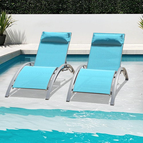 Pool Lounge Chairs Set of 2, Adjustable Aluminum Outdoor Chaise Lounge Chairs, All Weather for Deck Lawn Poolside Backyard -Lake Blue Textilene