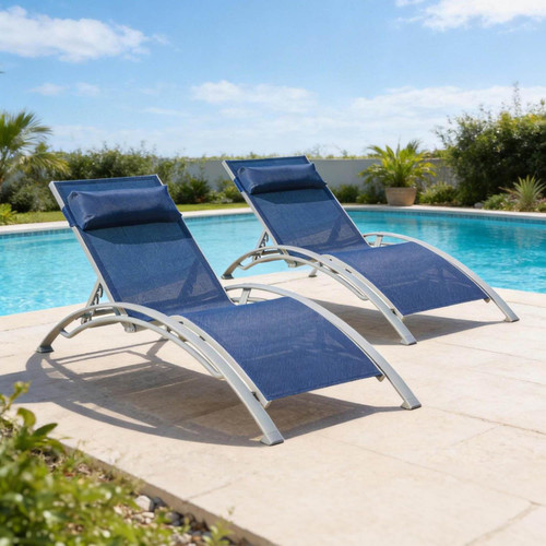 Pool Lounge Chairs Set of 2, Adjustable Aluminum Outdoor Chaise Lounge Chairs, All Weather for Deck Lawn Poolside Backyard -Blue Textilene